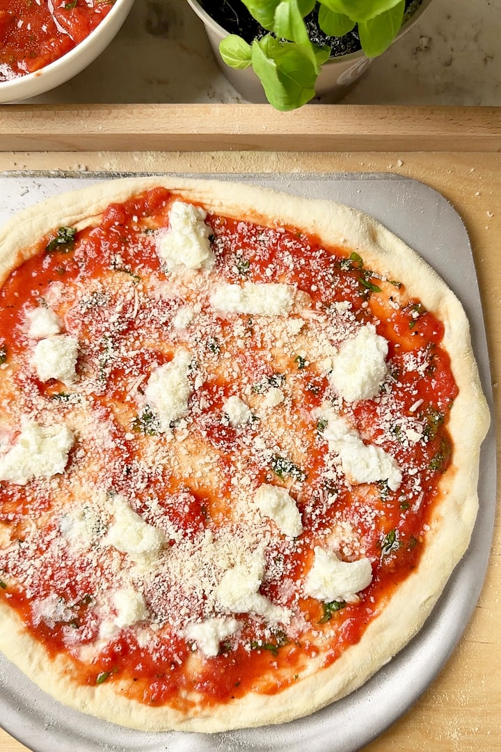 Sourdough pizza dough topped with tomato sauce, fresh mozzarella and basil.