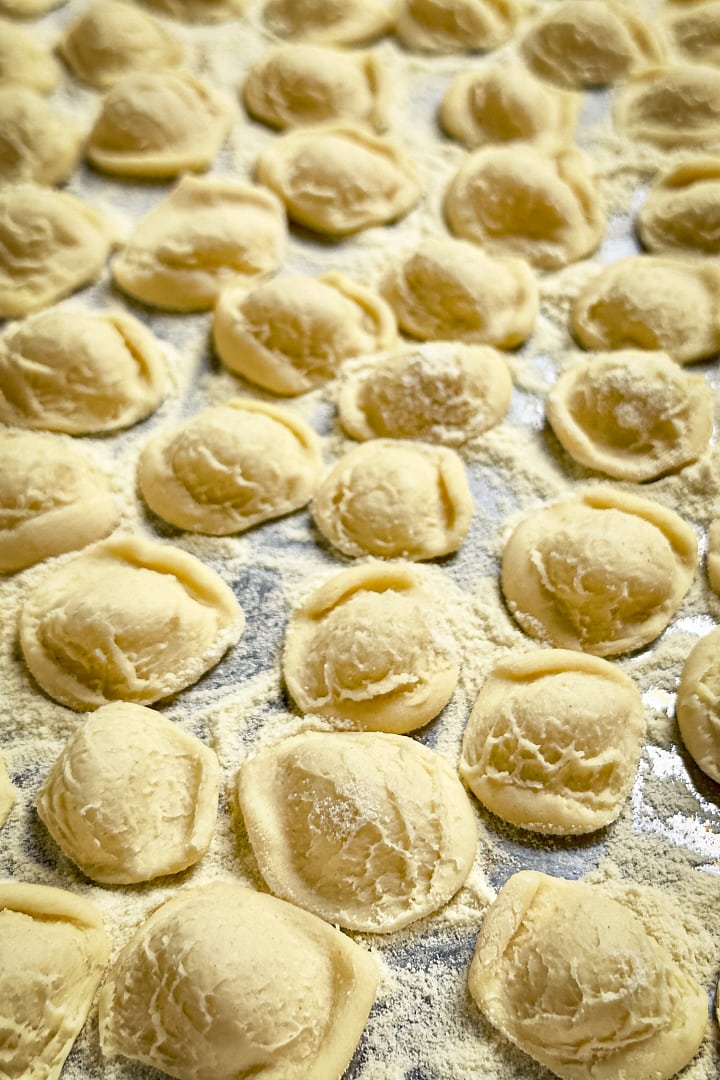 close up of homemade orecchiette showing the slightly rough texture of the pasta.