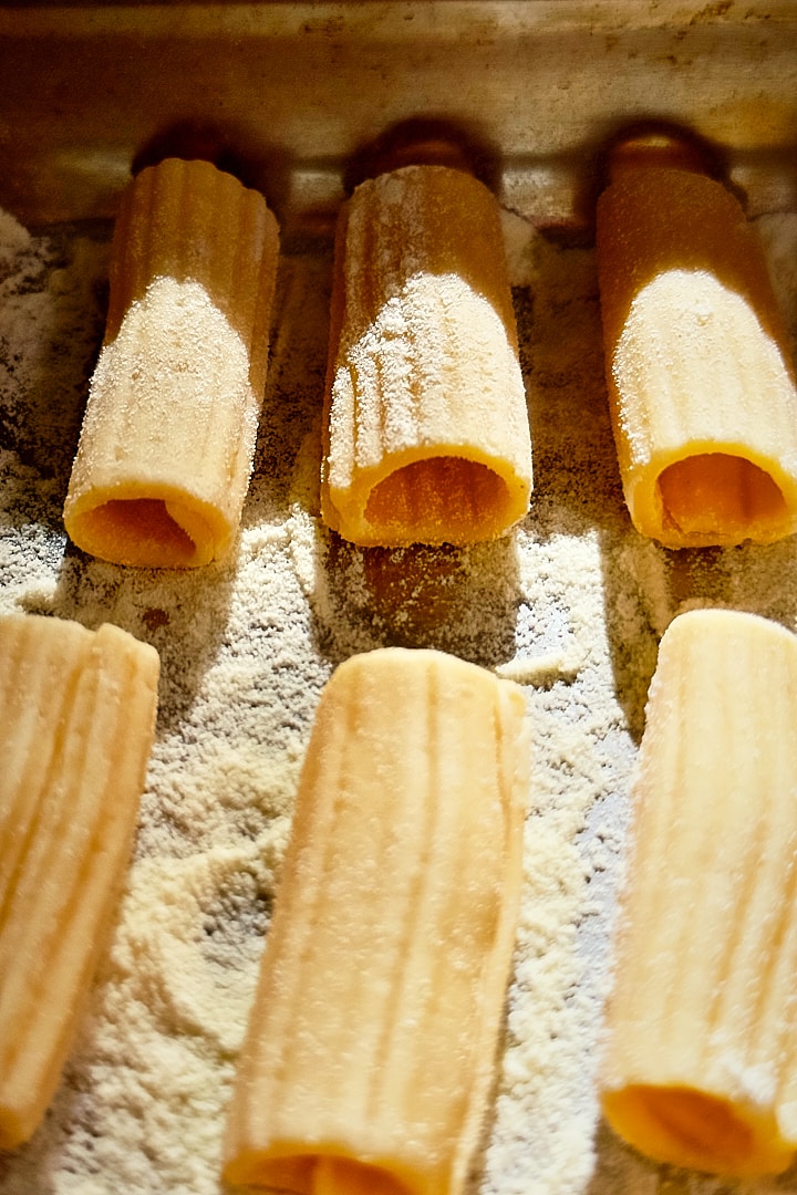 Close-up of fresh hand-rolled rigatoni.