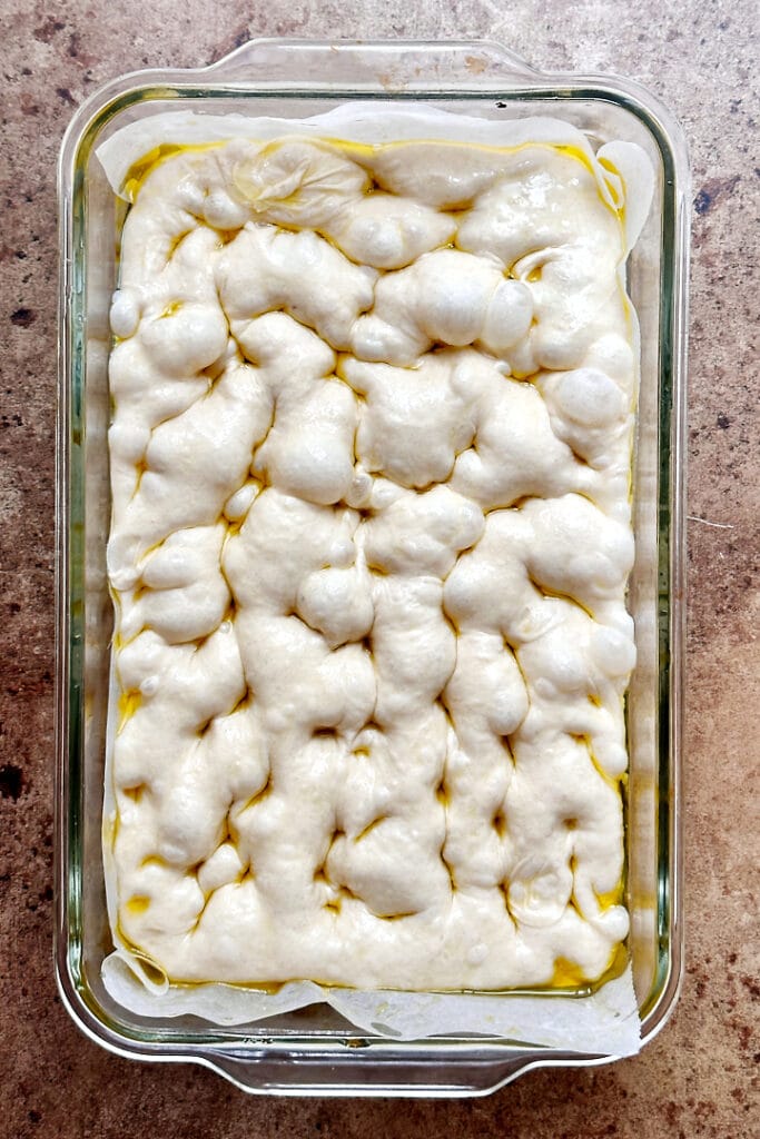 A baking dish with bubbly and dimpled focaccia dough.