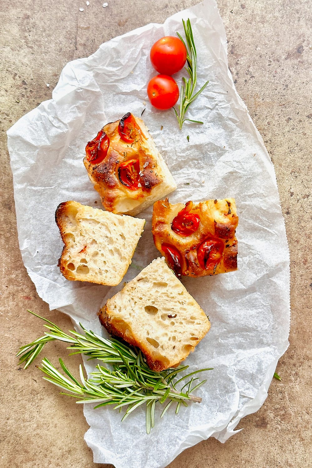 fluffy focaccia with cherry tomatoes.