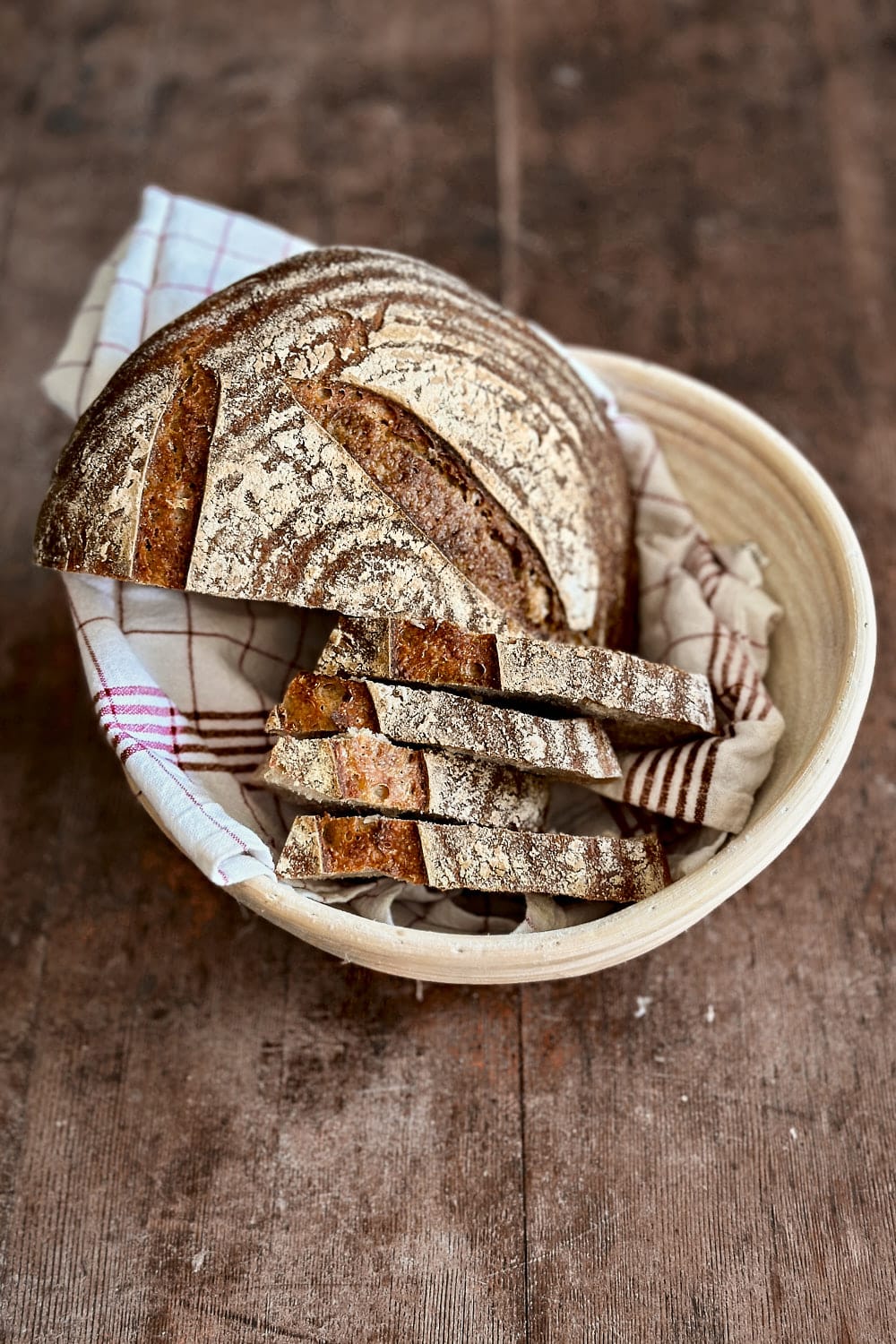 Rustic rye sourdough bread in a bread basket on a wooden table.