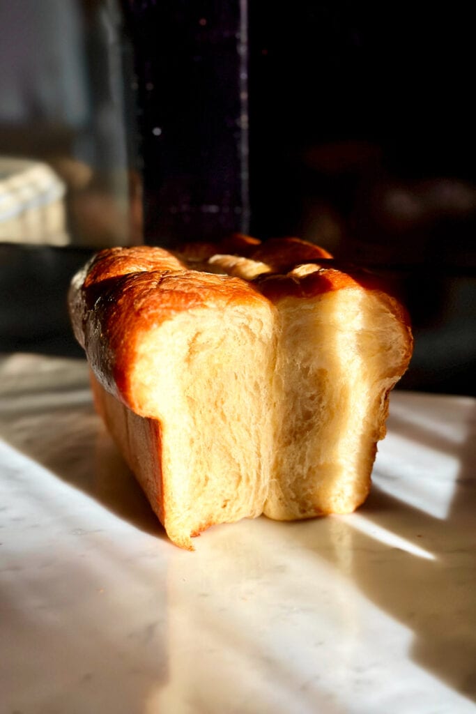 A loaf of sourdough brioche in golden hour sunlight.