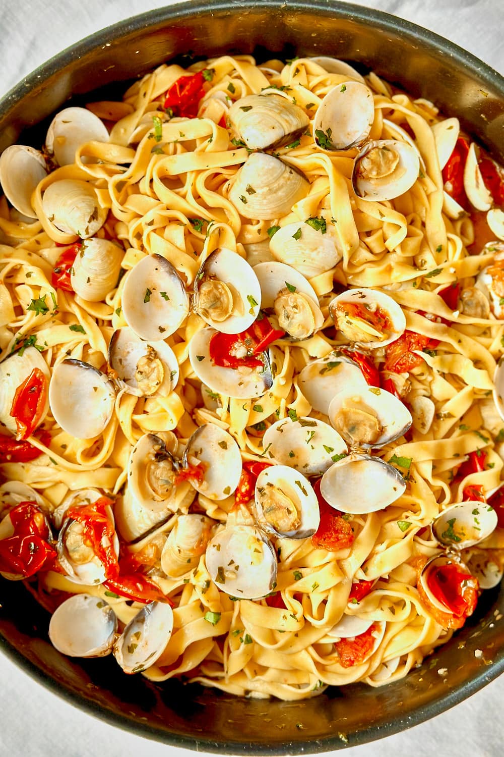 A close up oh fresh tagliatelle with clams, cherry tomatoes and fresh parsley.