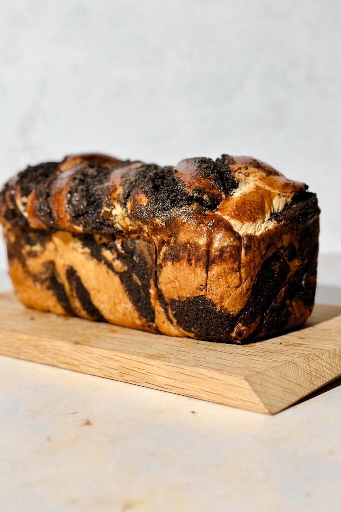 A freshly baked golden brown loaf of poppy seed sourdough babka.